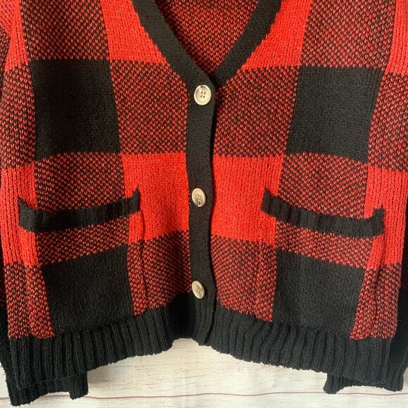 Cozy Co. by Cozy Casual Red and Black Plaid Sweater Cardigan Pockets Size S/M - Picture 12 of 13